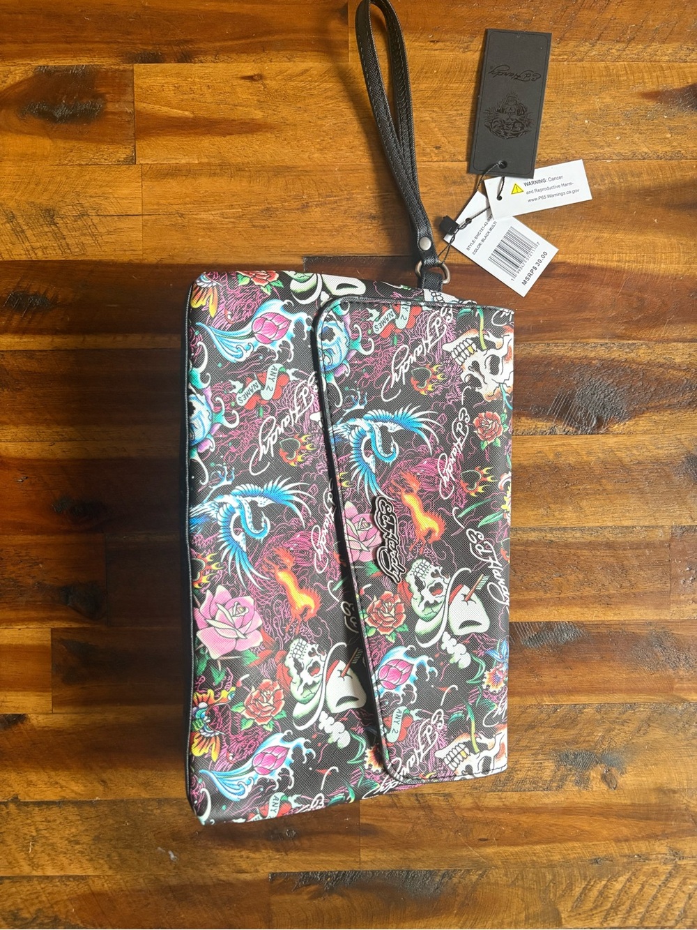 Ed Hardy Black Multicolor Tattoo-Print Wristlet Clutch